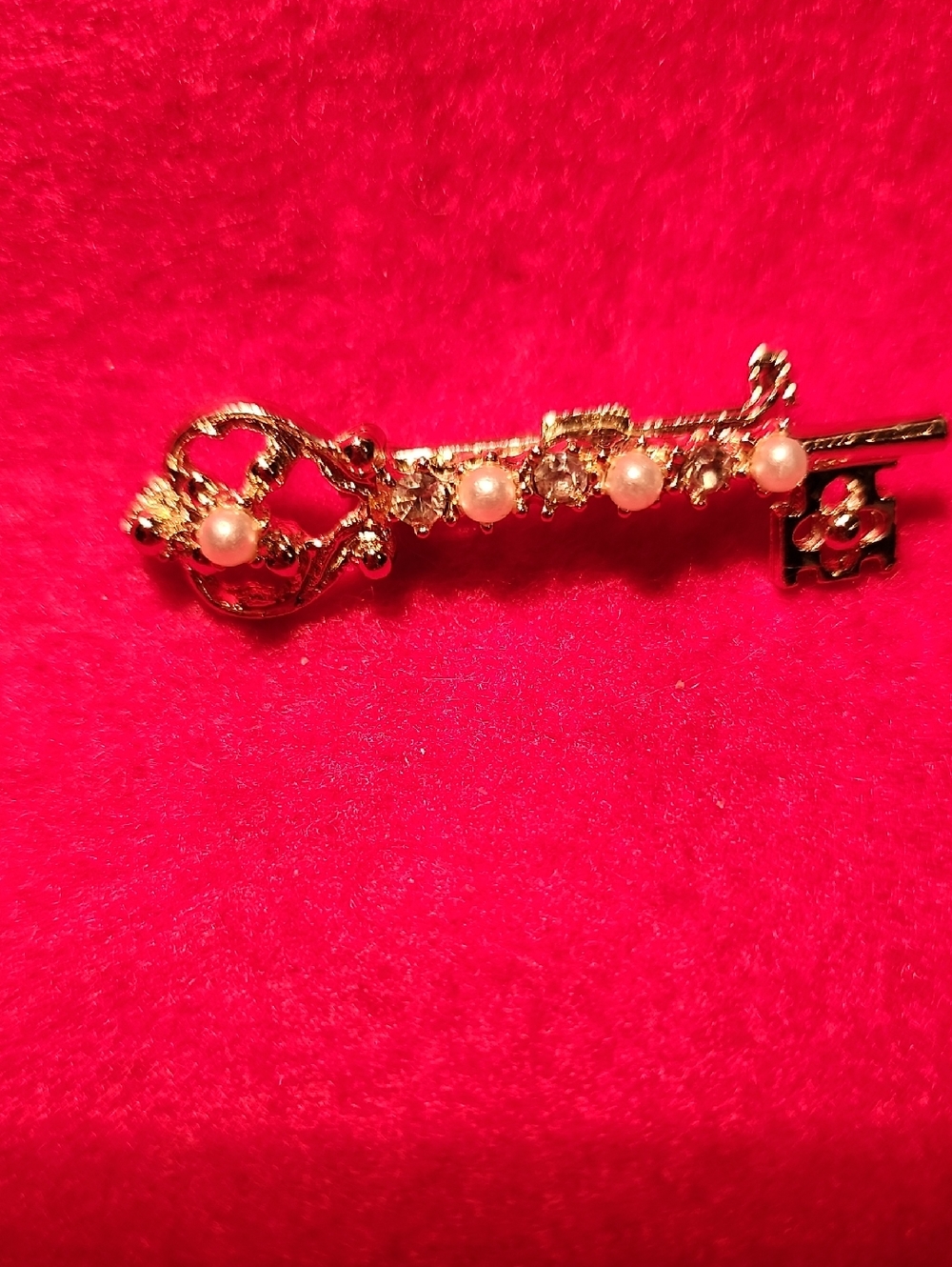 Vintage Gold Key Brooch with Pearls